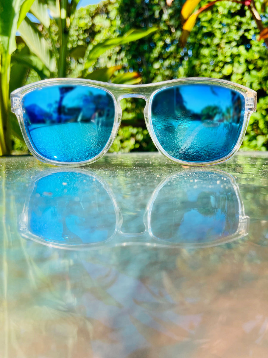 RD Polarized Sunglasses Clear Frame Blue Lenses